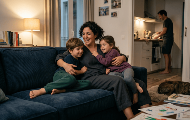 15_faq_hs.png mujer abrazando a sus hijos en un sofa vestida con ropa holgada mientras su marido cocina al fondo