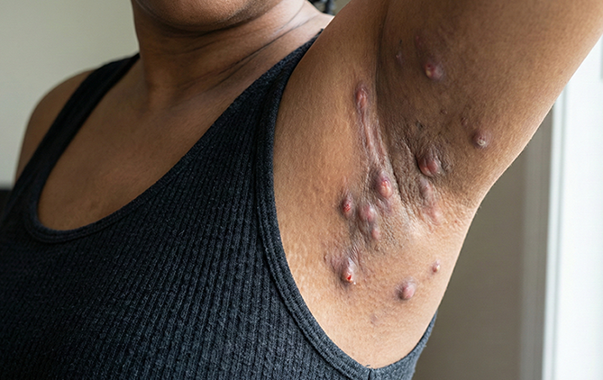 persona enseñando lesiones de hidradenitis supurativa en la axila