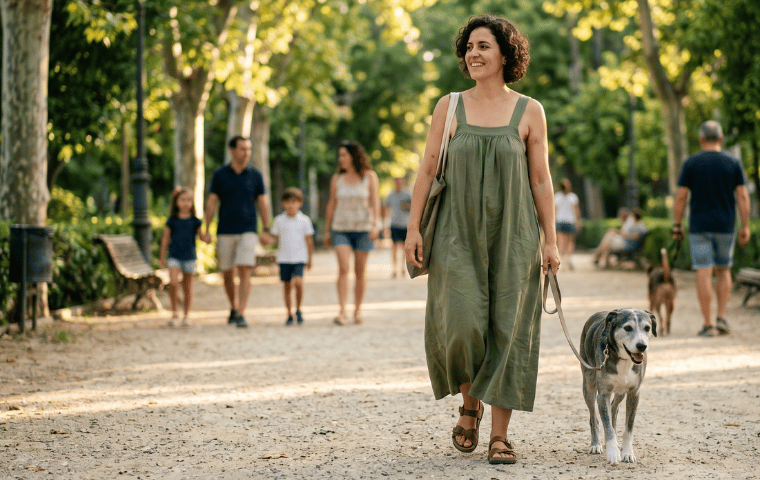 14_estilo-vida.png mujer con ropa holgada paseando con su perro por el parque