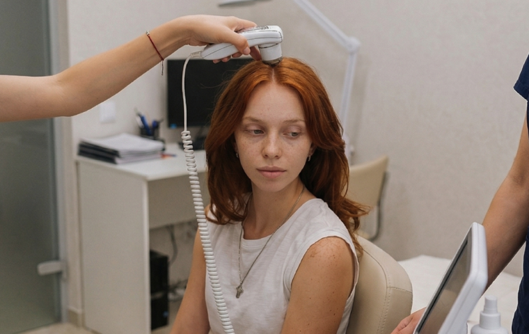 mujer en consulta recibiendo una sesion de fototerapia para la psoriasis