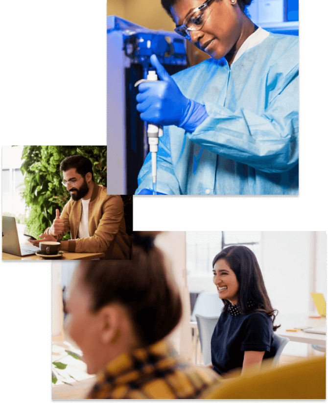 A group of young professionals including an image of a scientist at work