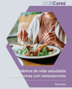 miniatura de la guia de osteoporosis y nutricion con una persona cogiendo cubiertos para comer ensalada en un plato
